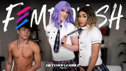 Schoolgirl Femboy Gets Spitroasted By Bestie And BF