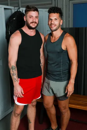 Marco Lorenzo and Kyle Hart have sex in the locker room.