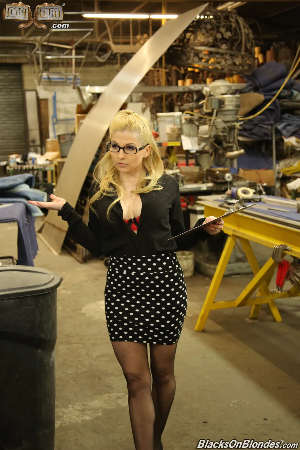 In addition to having a husband, Christie Stevens has a fantasy. A Gang bang Fantasy. Hubby's away on a work trip, which means Christie is in charge of their factory. She's got a five man team on the clock, so she'll unbutton her shirt to show off some cleavage, and then she'll walk on to the floor to demand why Hubby's employees aren't hard at work. Thing is, they've been working hard all day, and it's near quitting time, so Christie makes it happen. Her very first gang bang! She's going to open all her holes up for the fellahs, and she's going to make sure the cum gets blasted in her cunt or down her throat. No DNA evidence that way!! 