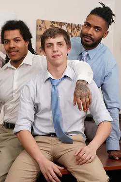 Jacob is one sleazy HR person feeling out which people to interview to get what he wants. Our prospective employees finally share stories of his inappropriate questions and they get pissed about his sexual harassment and decide to confront him. Jacob has obviously been doing this a long time and seems unfazed at getting caught. He suggests they do a "live interview" to seal the deal and guarantee them the jobs. Dicks out and Jacob is a boy in the candy store sucking and fucking till he takes the loads in his eye and says "See you Monday Morning"