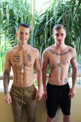 Hot studs Quentin Gainz and Ryan Jordan in bareback action